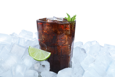 Ice cubes and delicious cocktail on white background