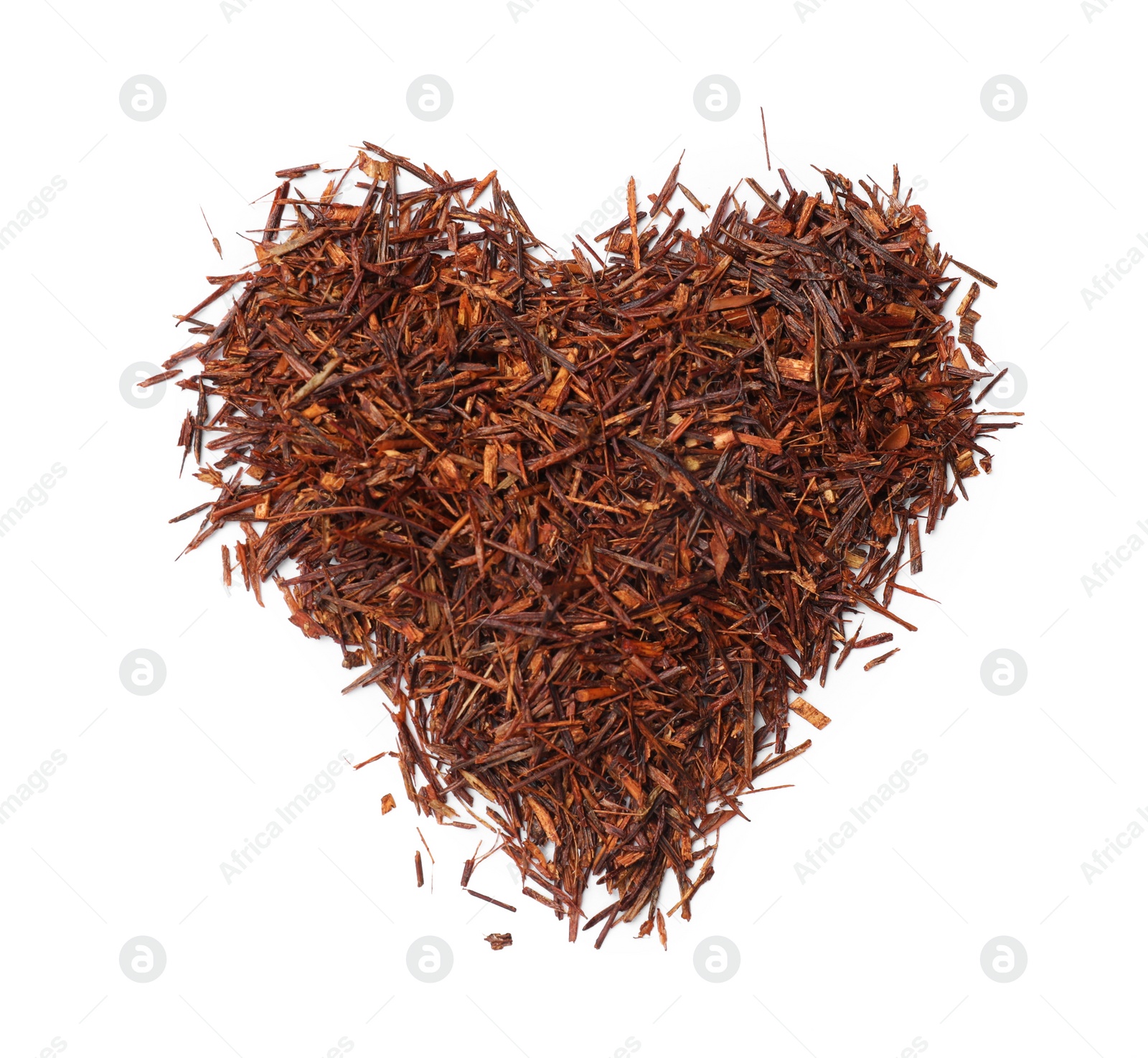 Photo of Heart made of rooibos tea isolated on white, top view