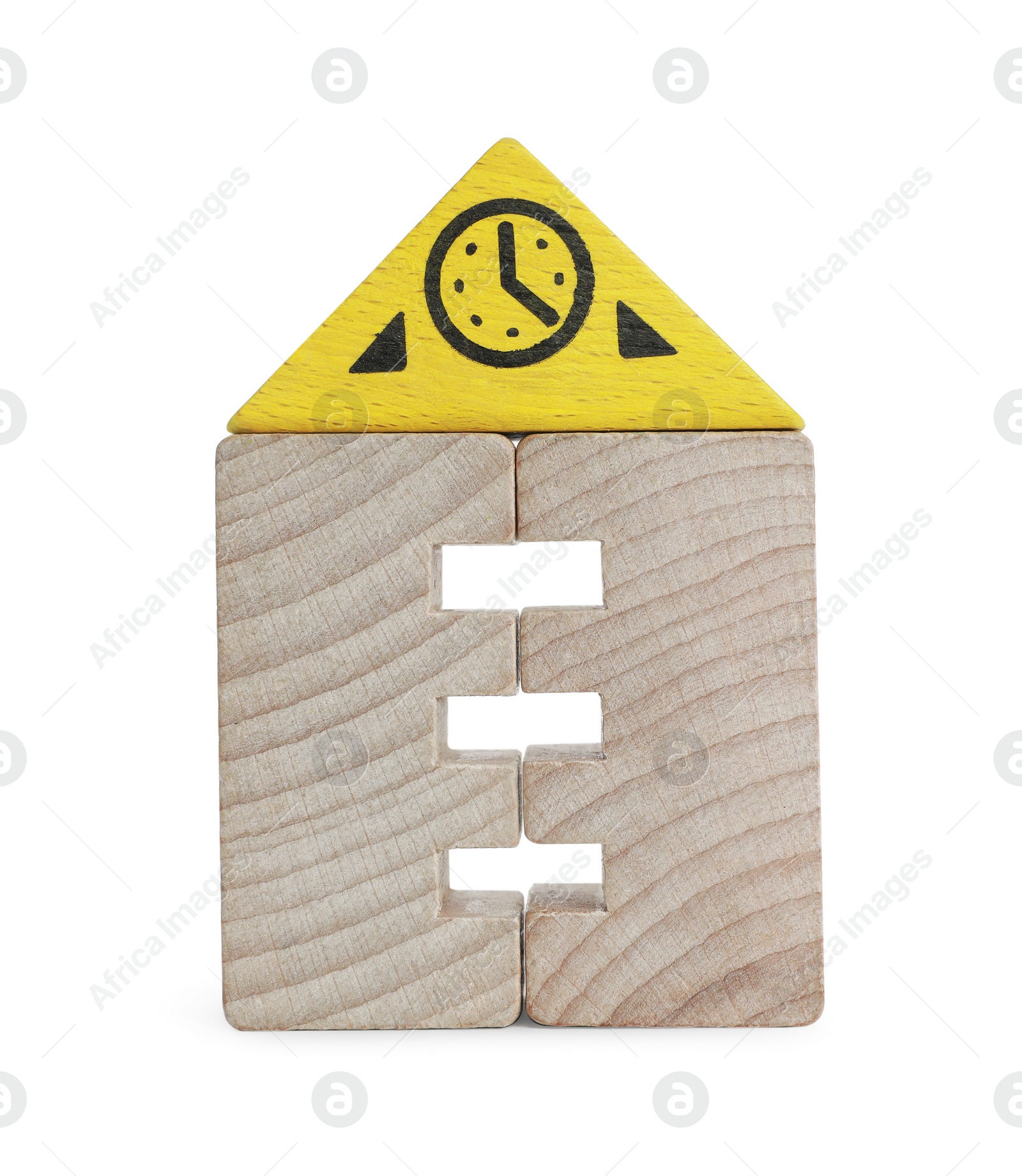 Photo of Wooden clock tower made of building blocks isolated on white. Educational toy for motor skills development