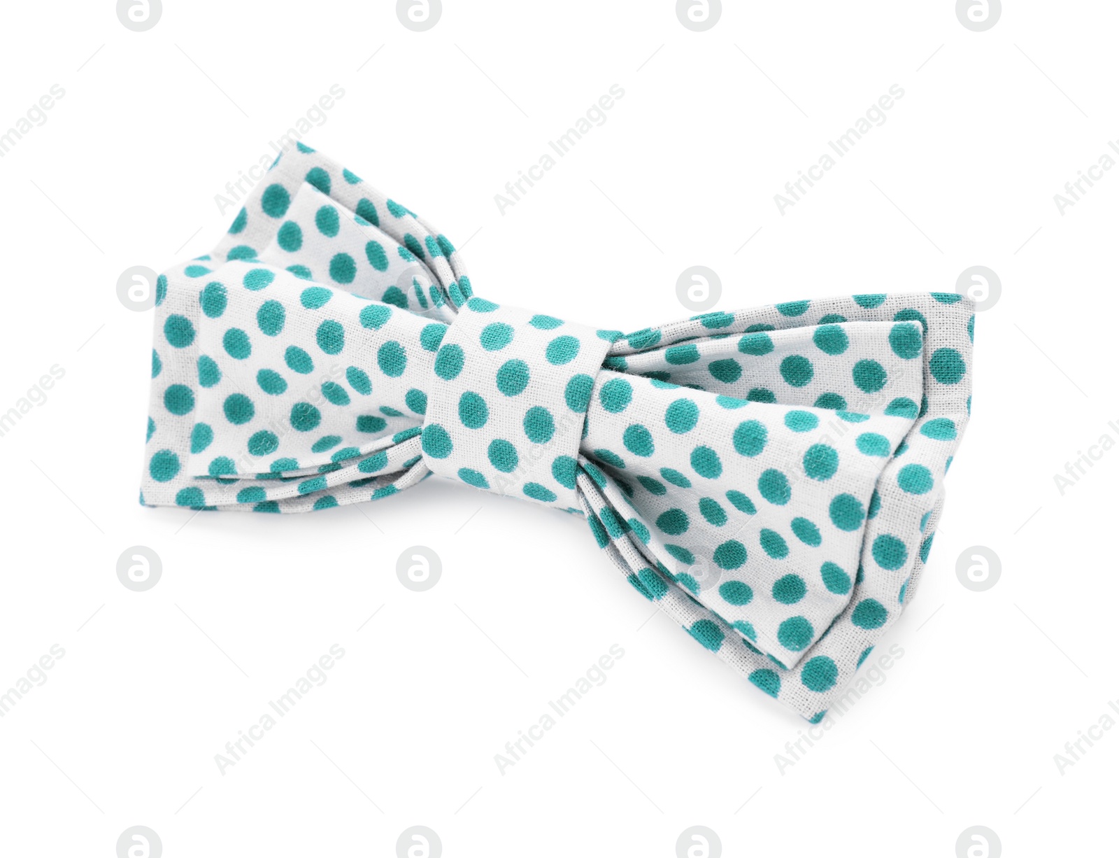 Photo of Stylish bow tie with green polka dot pattern on white background