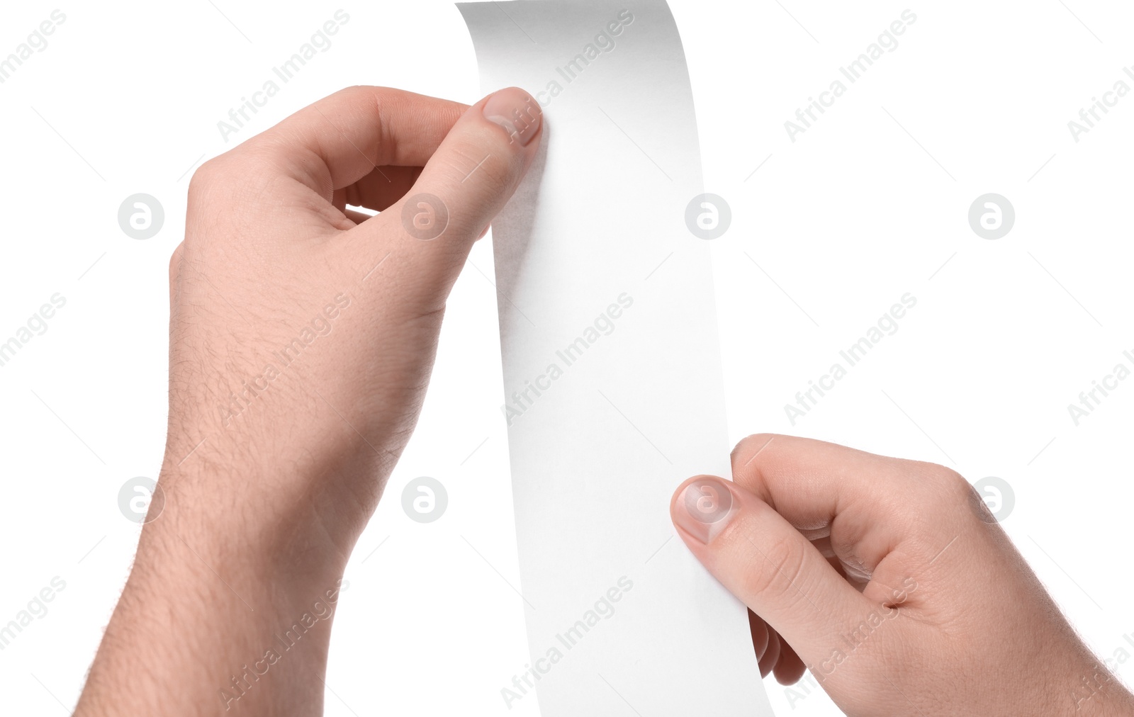 Photo of Man holding piece of blank thermal paper for receipt on white background, closeup