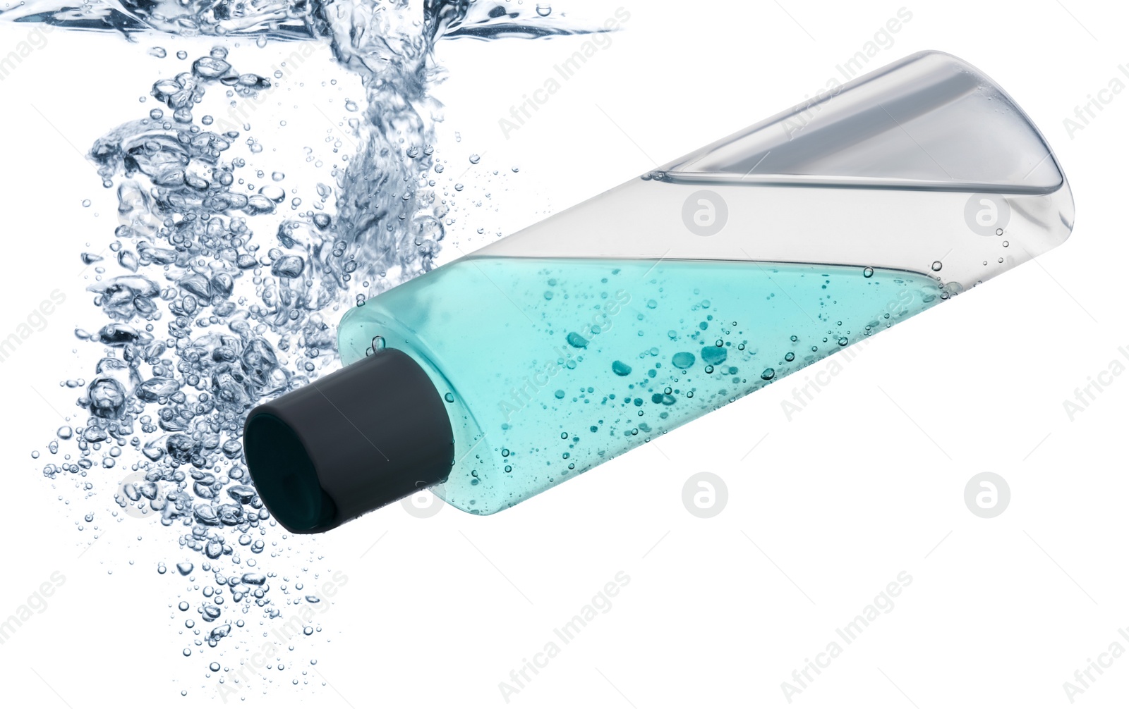 Photo of Bottle of micellar water with bubbles on white background