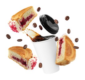 Image of Round croissants and coffee in air on white background