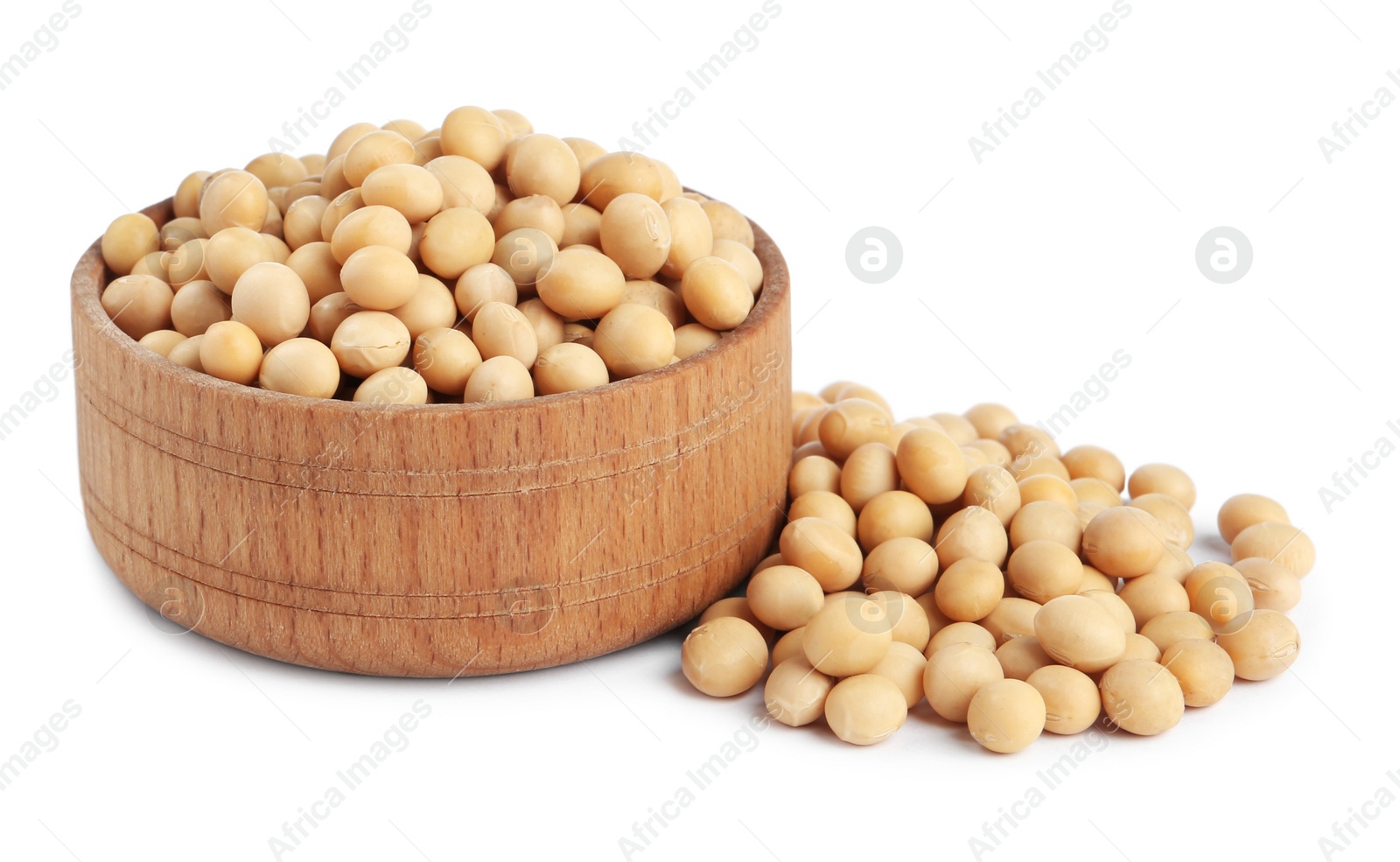 Photo of Soya beans with wooden bowl isolated on white