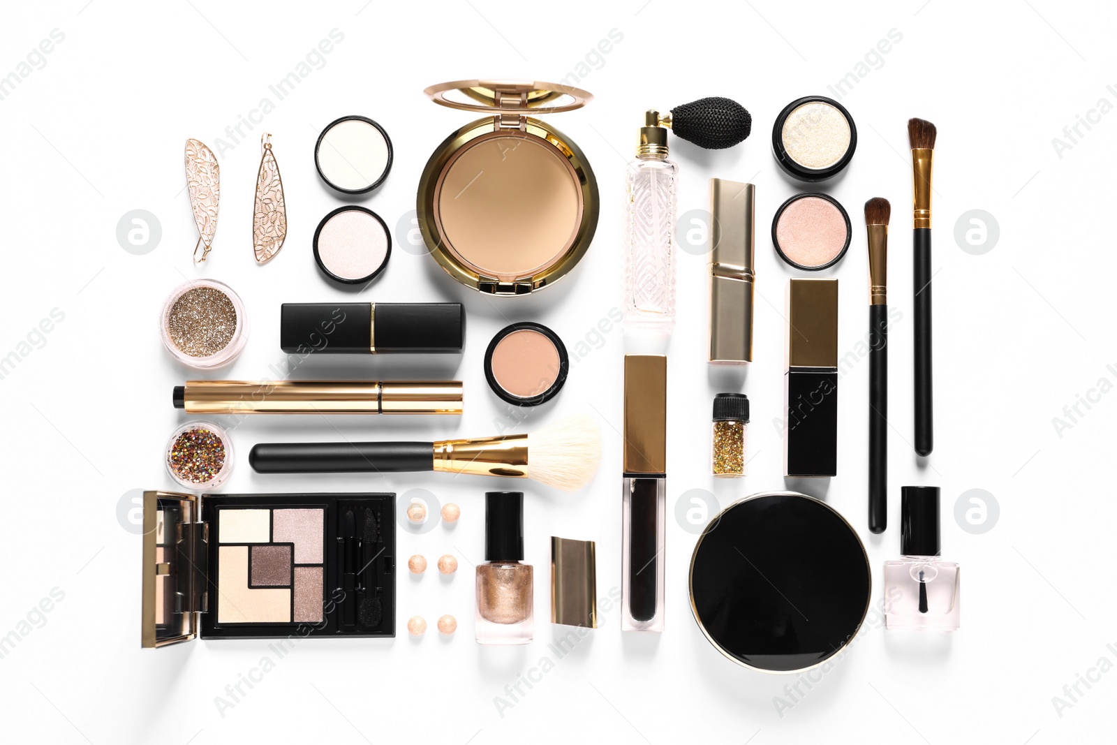 Photo of Set of luxury makeup products on white background, top view