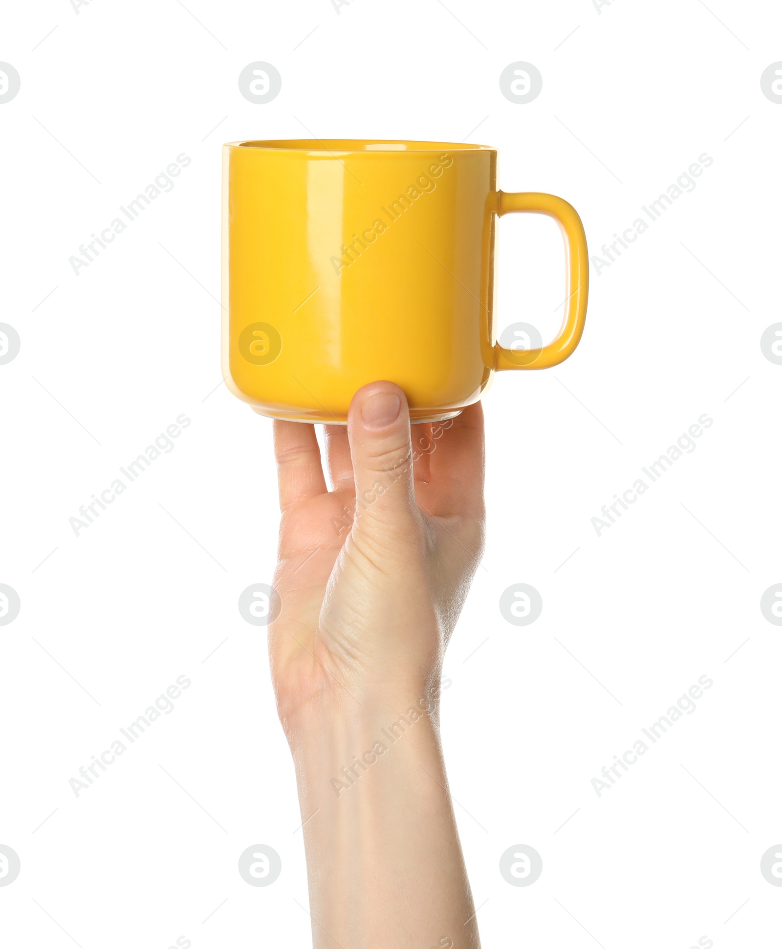 Photo of Woman holding yellow cup on white background, closeup