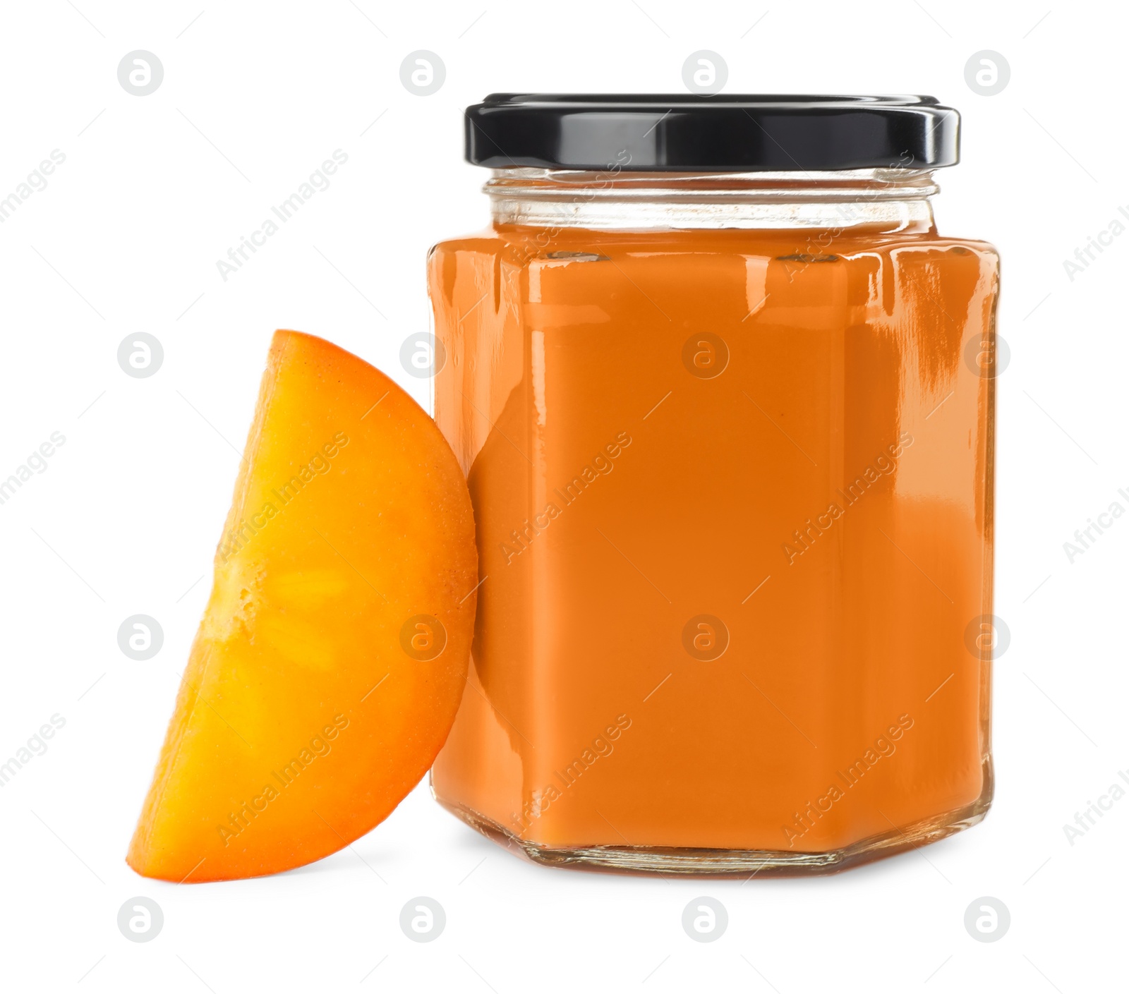 Photo of Delicious persimmon jam and fresh fruit isolated on white