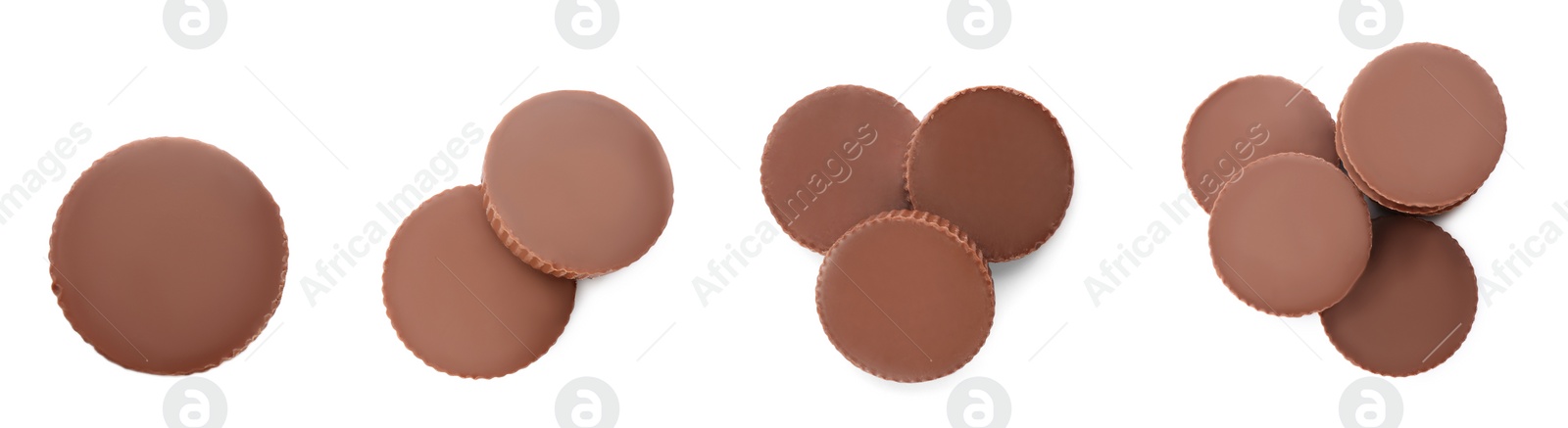 Image of Set with delicious peanut butter cups on white background, top view. Banner design