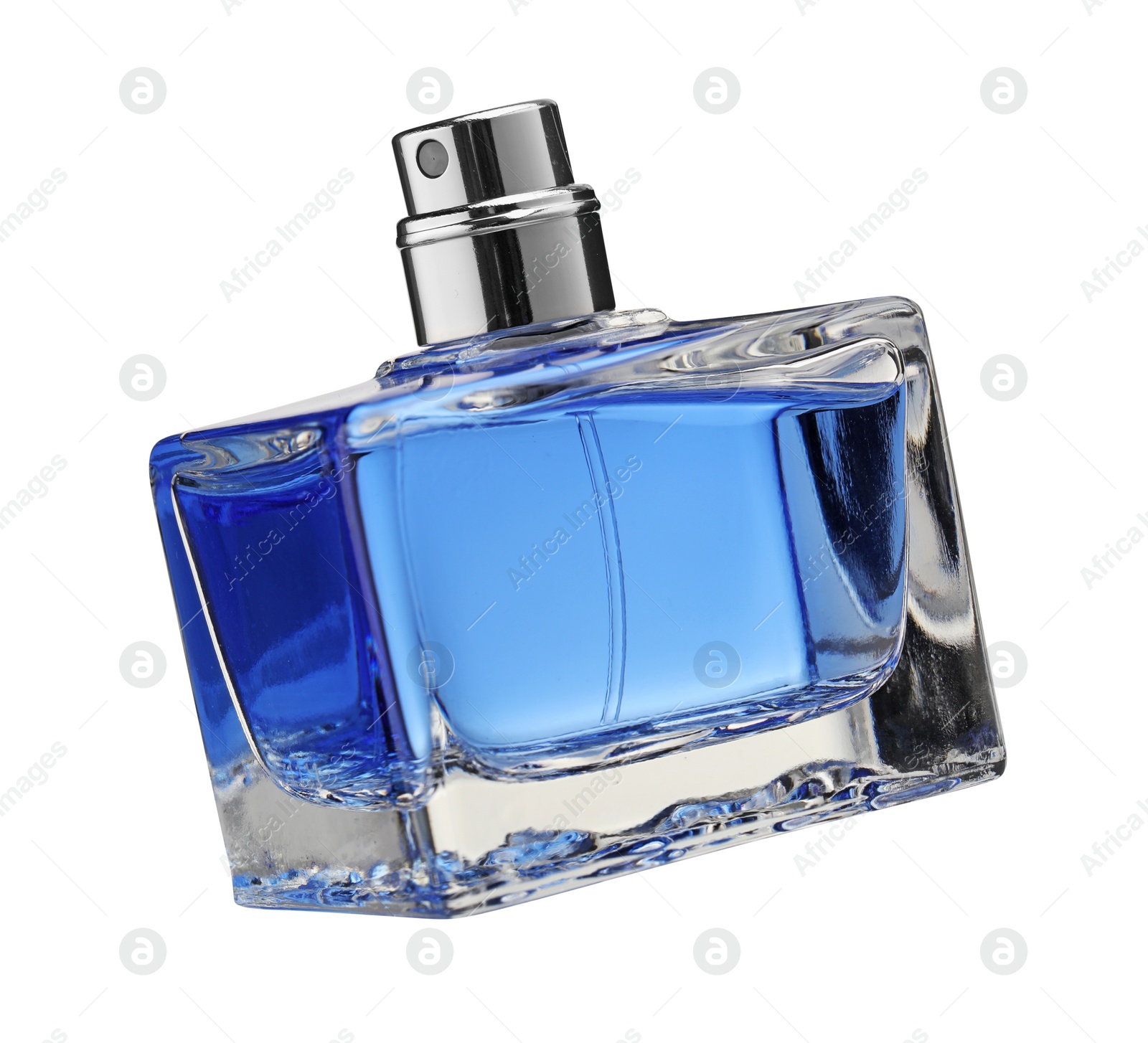 Photo of Blue men's perfume in bottle isolated on white