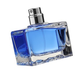 Photo of Blue men's perfume in bottle isolated on white