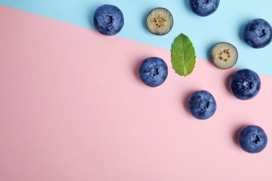 Photo of Flat lay composition with tasty blueberry and space for text on color background