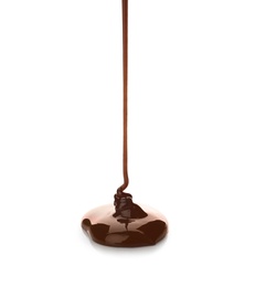 Pouring delicious melted chocolate on white background