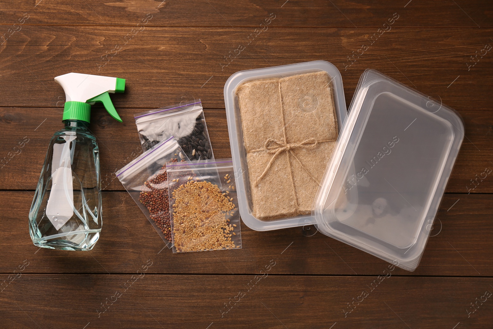 Photo of Microgreens growing kit. Different seeds, mats, containers and spray bottle on wooden table, flat lay