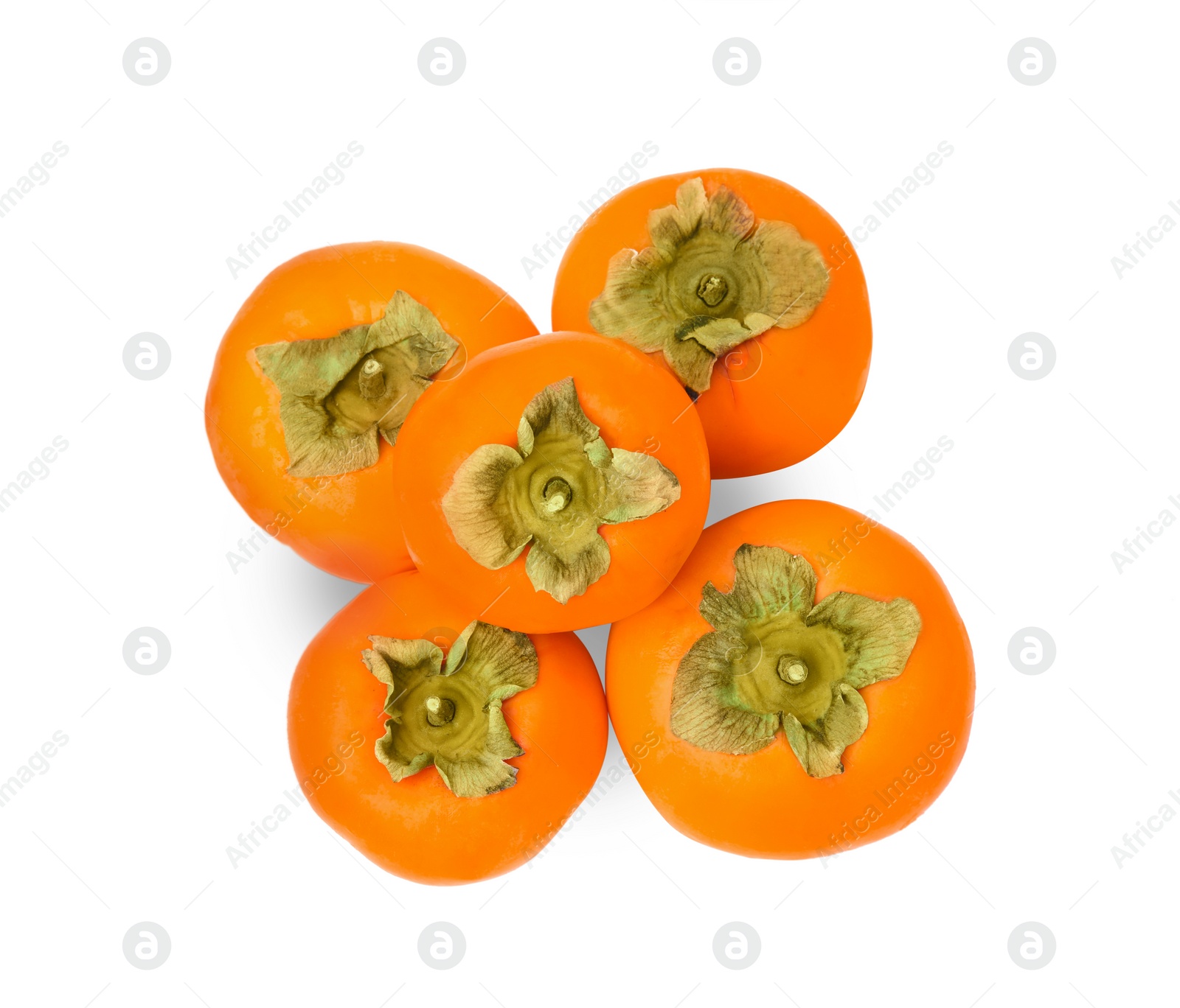 Photo of Whole delicious juicy persimmons on white background, top view