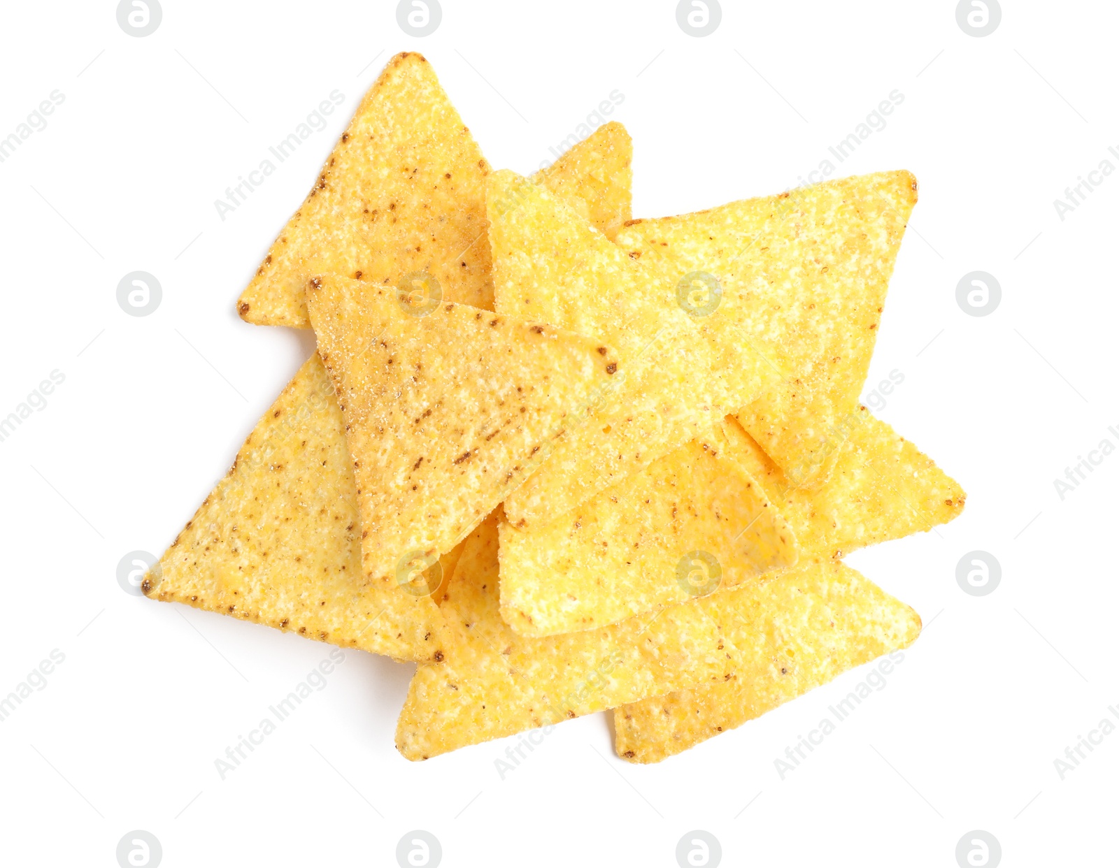 Photo of Tasty Mexican nachos chips on white background, top view