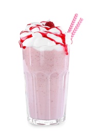 Tasty raspberry milk shake in glass on white background