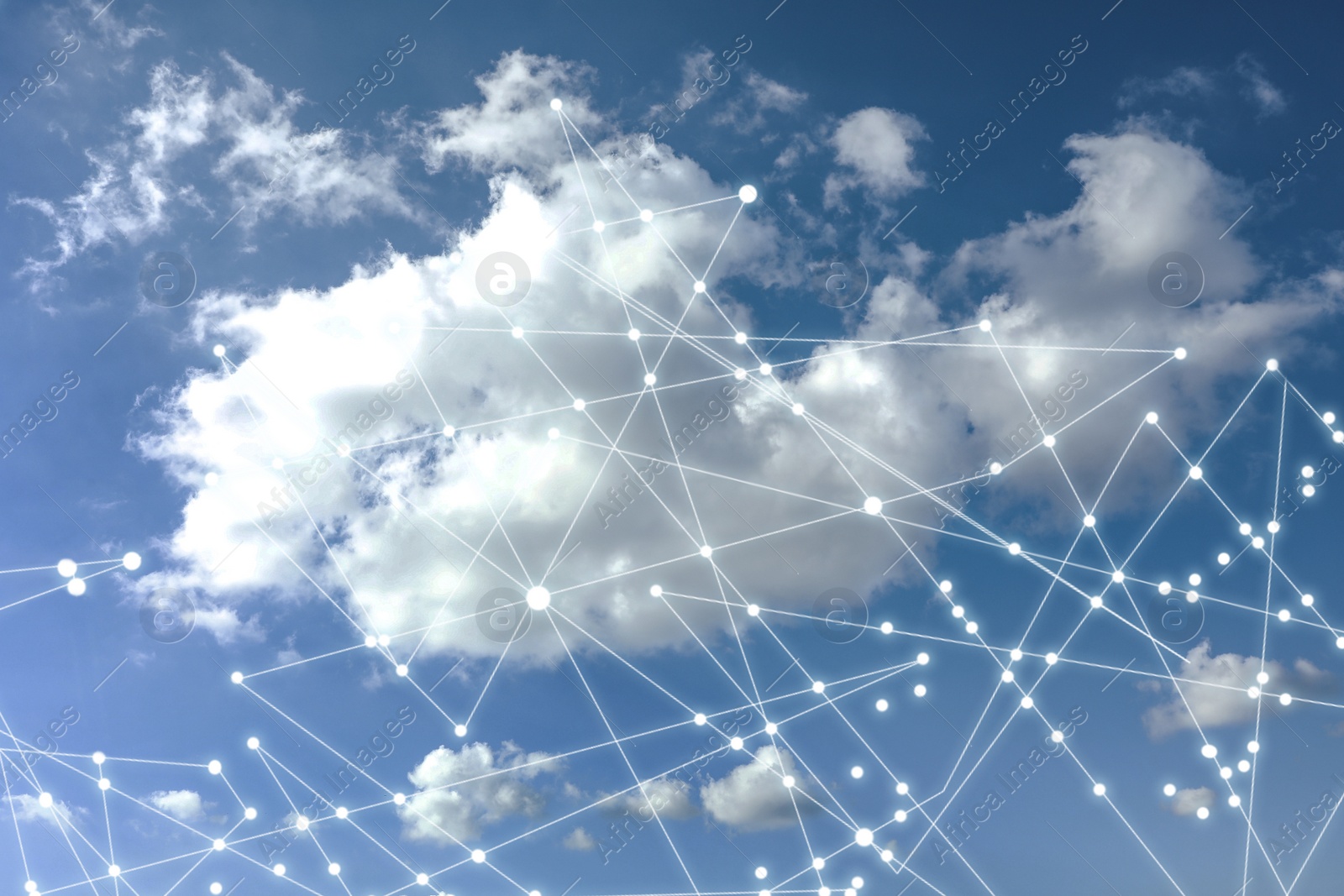 Image of Communication concept. Blue sky with clouds and digital scheme