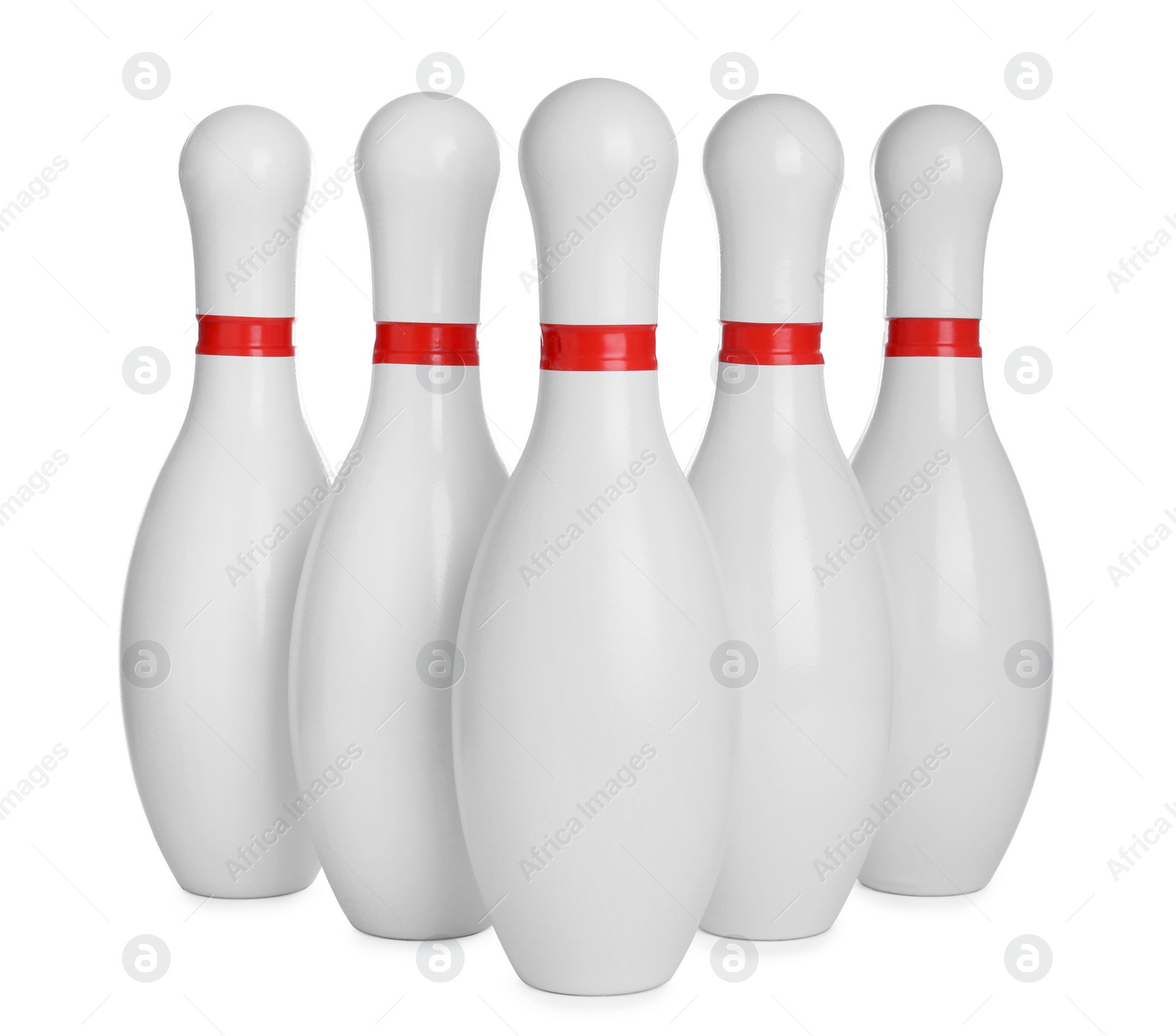 Photo of Bowling pins with red stripes isolated on white