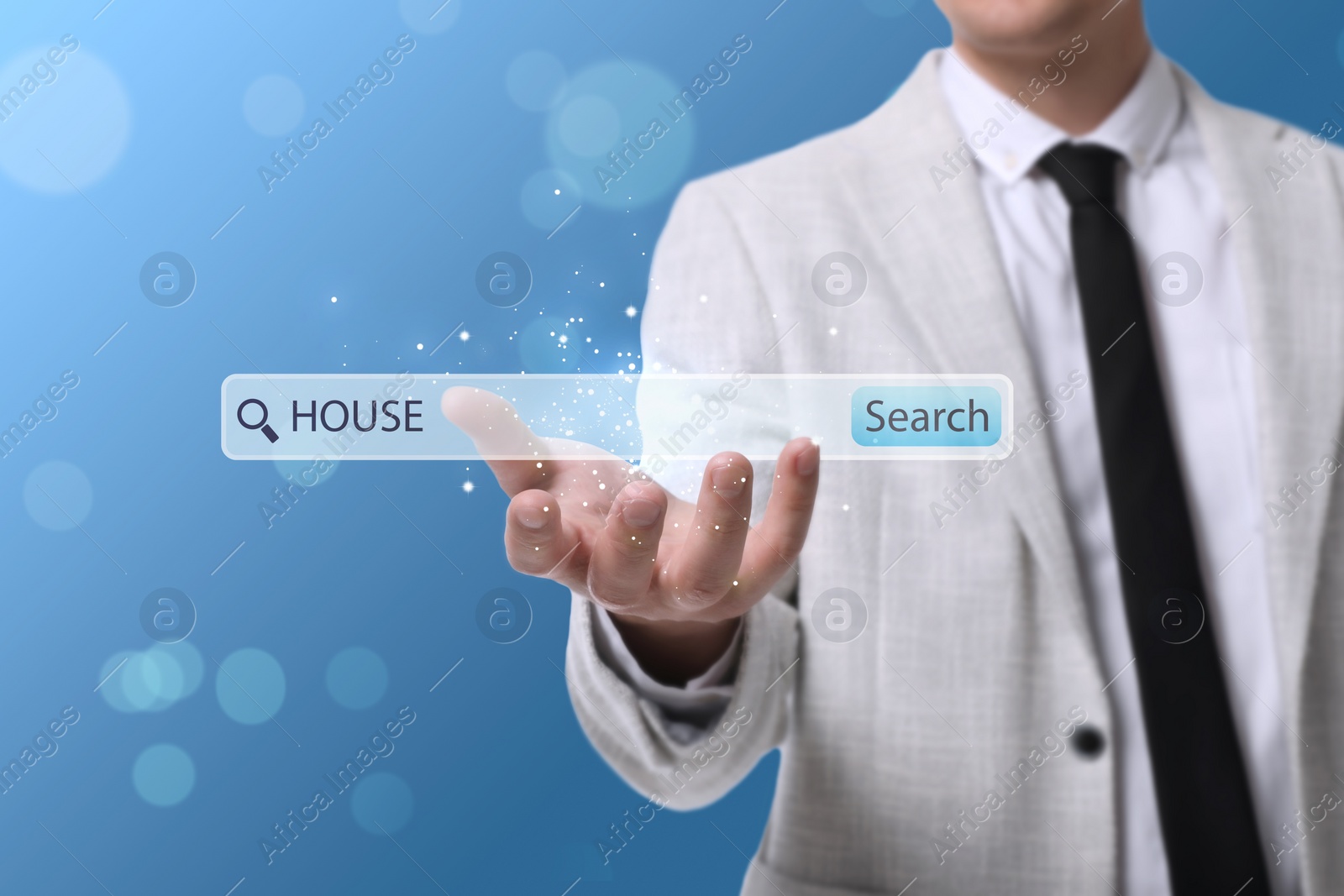 Image of Real estate agent holding virtual search bar with word House on blue background, closeup