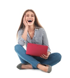 Photo of Emotional young woman with laptop celebrating victory on white background