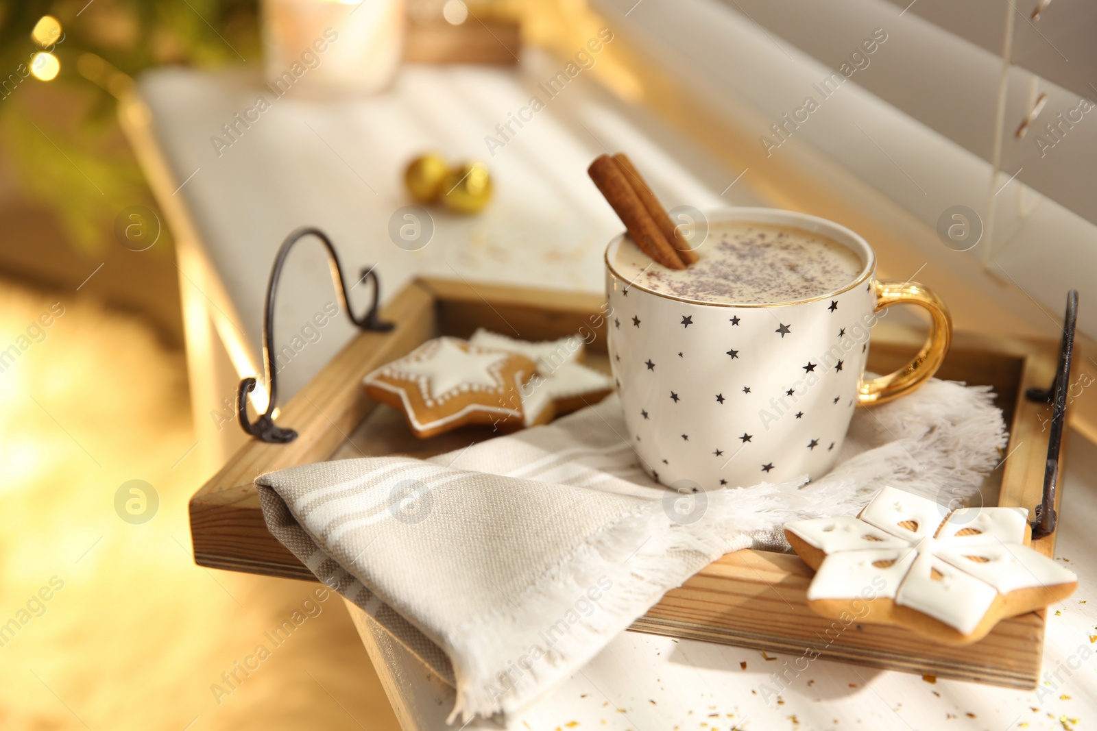 Photo of Composition with cup of hot drink on windowsill