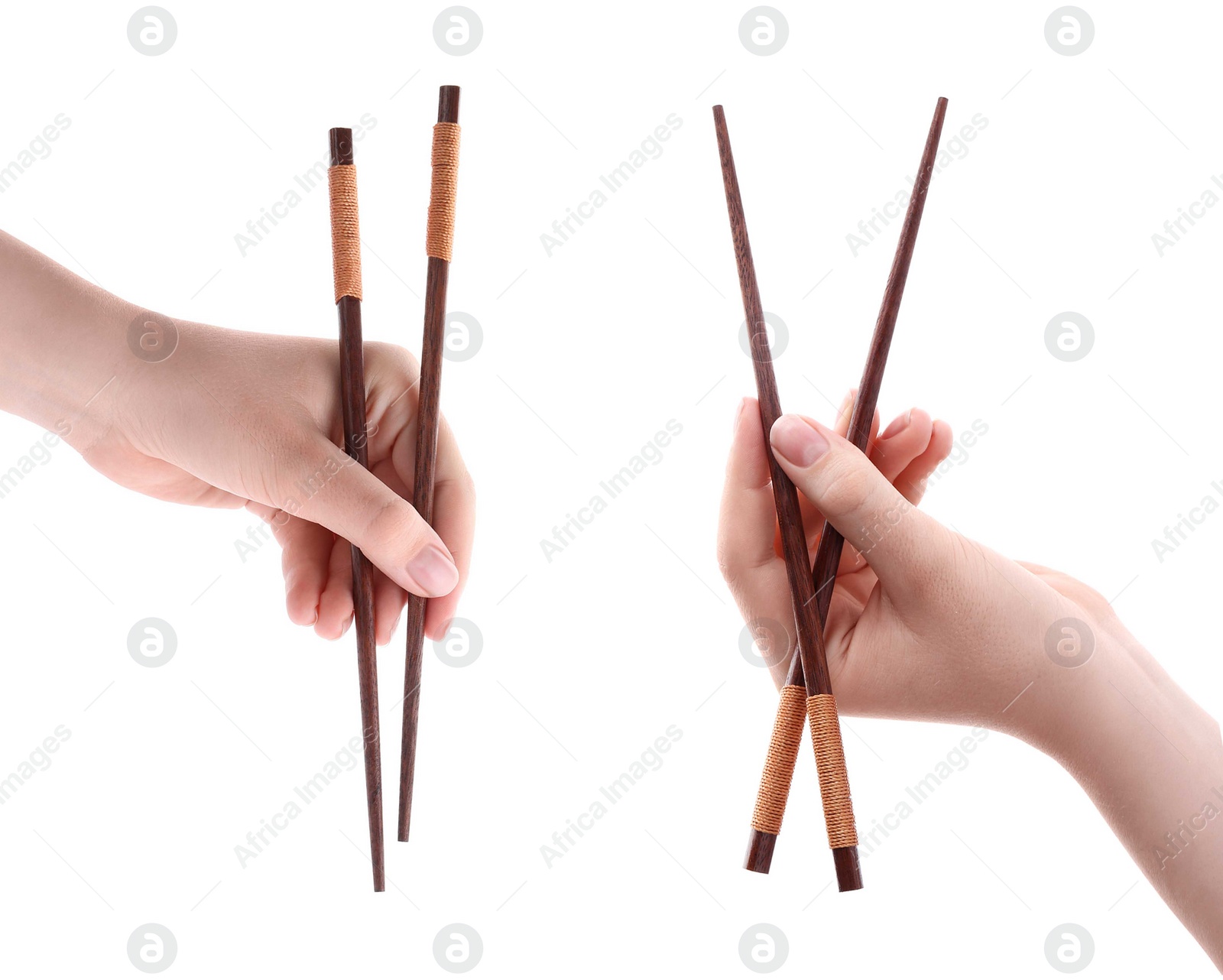 Image of Woman holding chopsticks isolated on white, closeup. Collage with photos