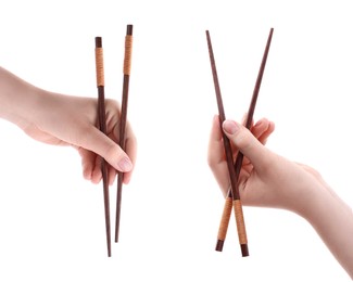 Image of Woman holding chopsticks isolated on white, closeup. Collage with photos