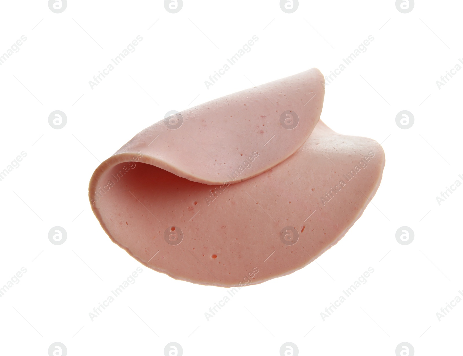 Photo of Slice of tasty boiled sausage isolated on white