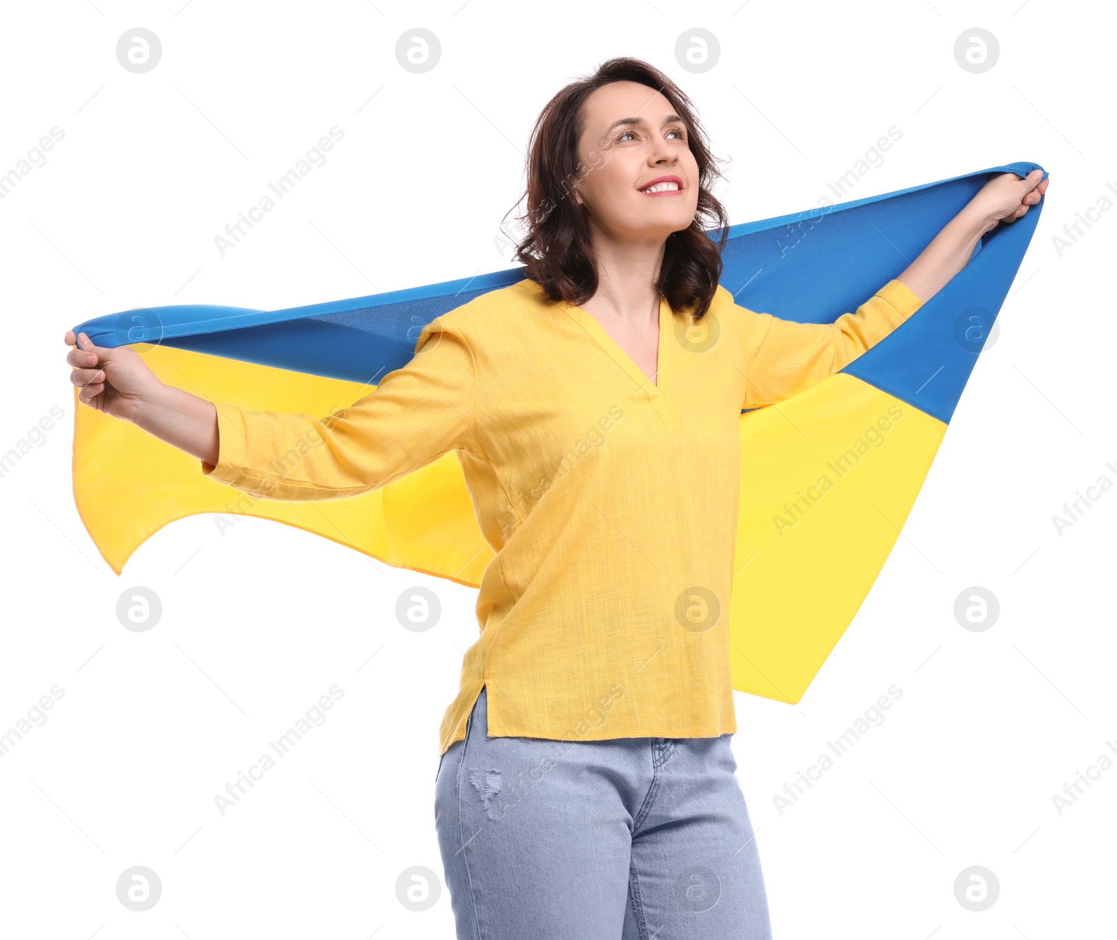 Photo of Happy woman with flag of Ukraine on white background