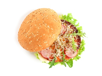 Tasty vegetarian burger with carrot cutlet on white background, top view