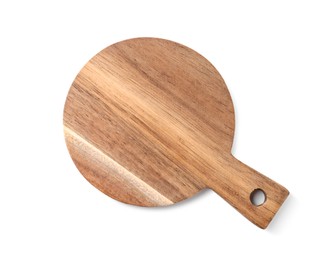 Photo of One wooden cutting board on white background, top view