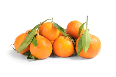 Photo of Tasty ripe tangerines with leaves on white background