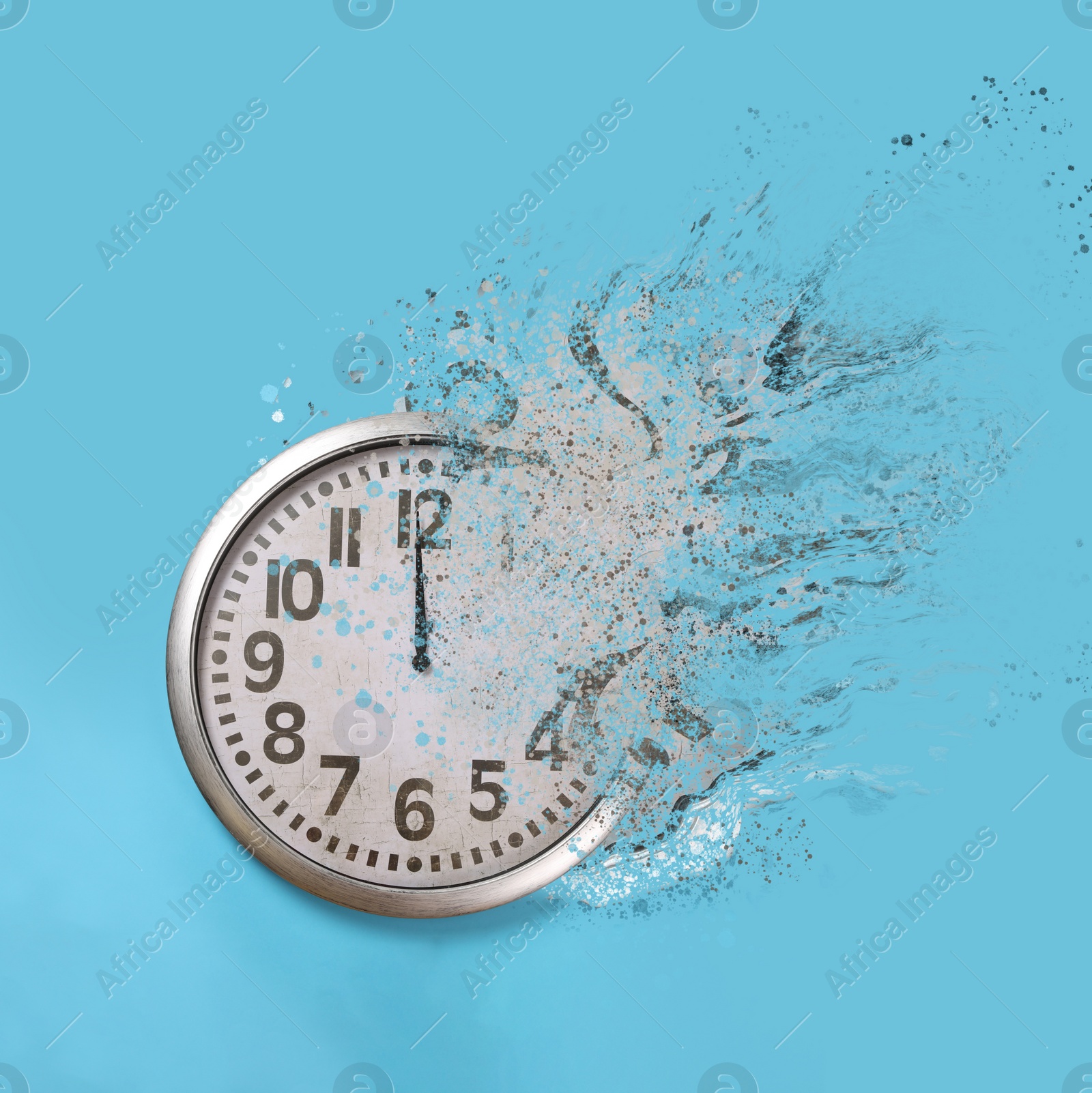 Image of Flow of time. Analog clock dissolving on light blue background