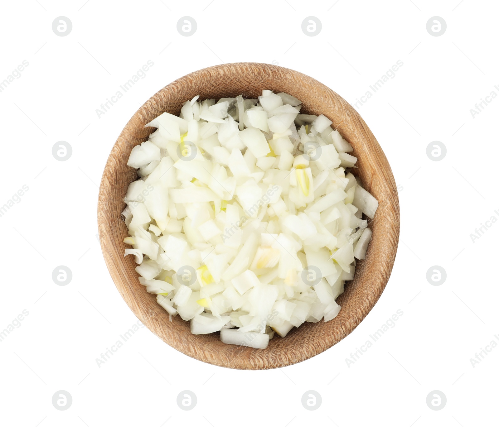 Photo of Chopped onion in wooden bowl isolated on white, top view