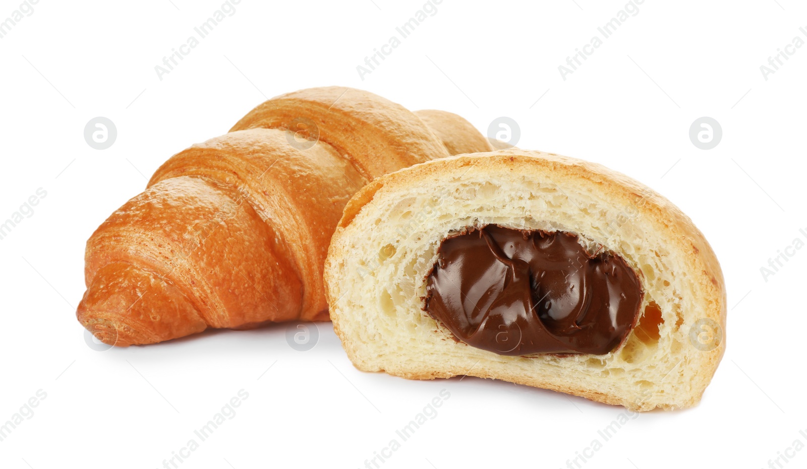 Photo of Delicious fresh croissants with chocolate isolated on white