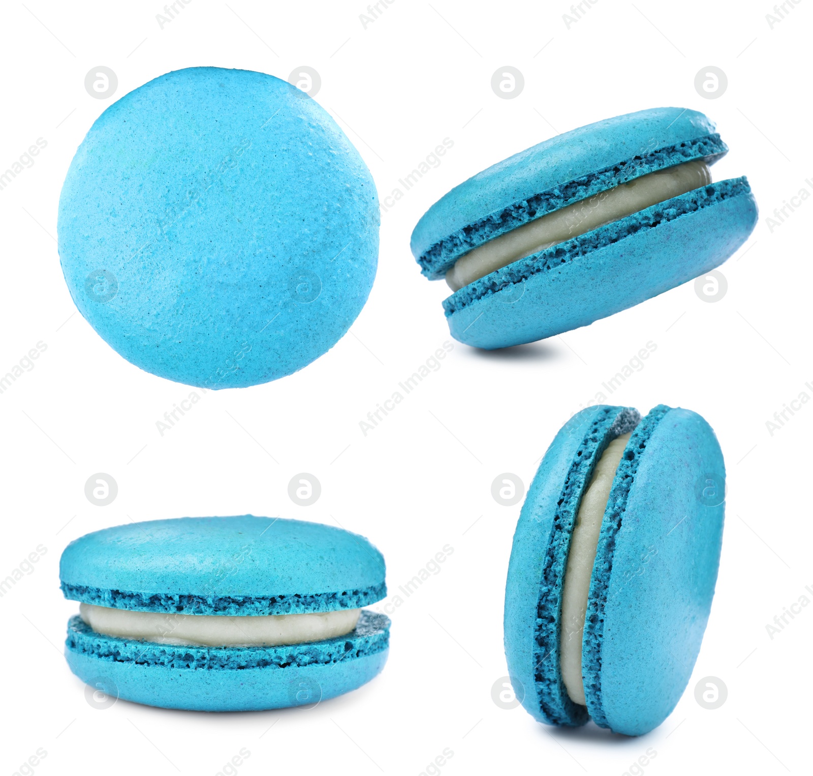 Image of Set with delicious macarons on white background