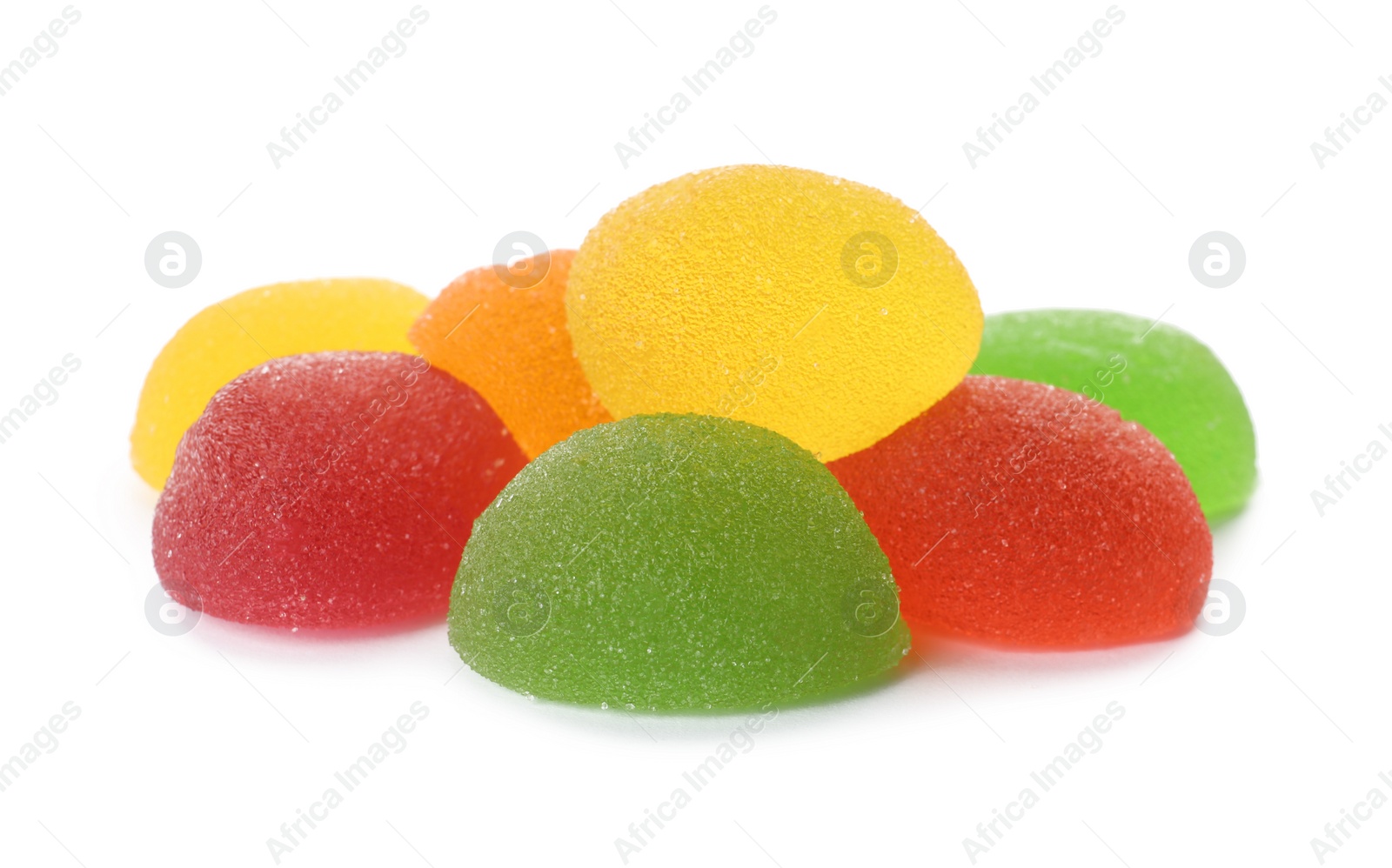 Photo of Pile of assorted jelly candies on white background