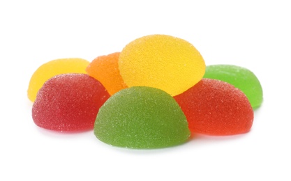 Photo of Pile of assorted jelly candies on white background