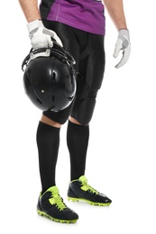 Photo of American football player with helmet wearing uniform on white background, closeup