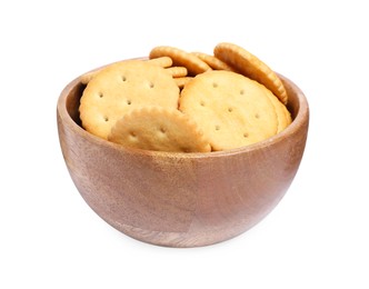 Tasty crackers in bowl isolated on white