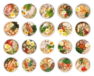 Image of Set with bowls of delicious ramen with different ingredients isolated on white, top view. Noodle soup