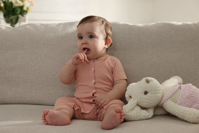 Cute little baby with bunny toy on sofa at home