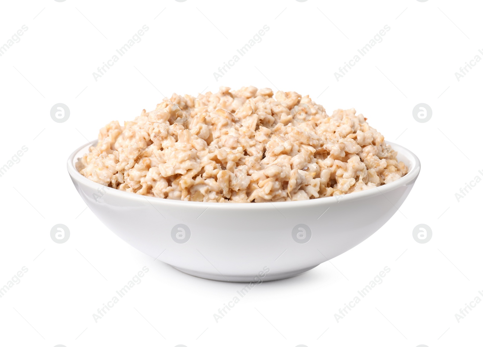 Photo of Tasty boiled oatmeal in bowl isolated on white