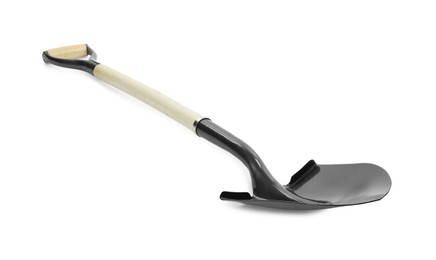 Photo of One new shovel with wooden handle isolated on white. Gardening tool