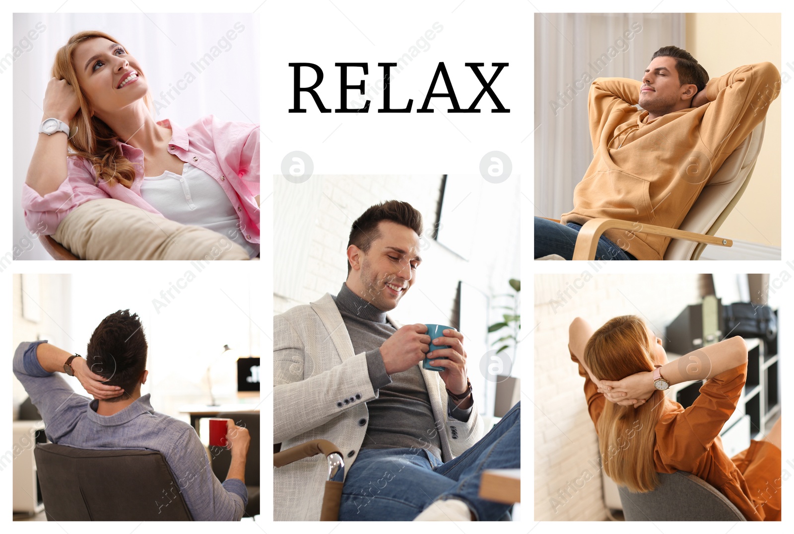 Image of Collage of different people resting indoors and word Relax