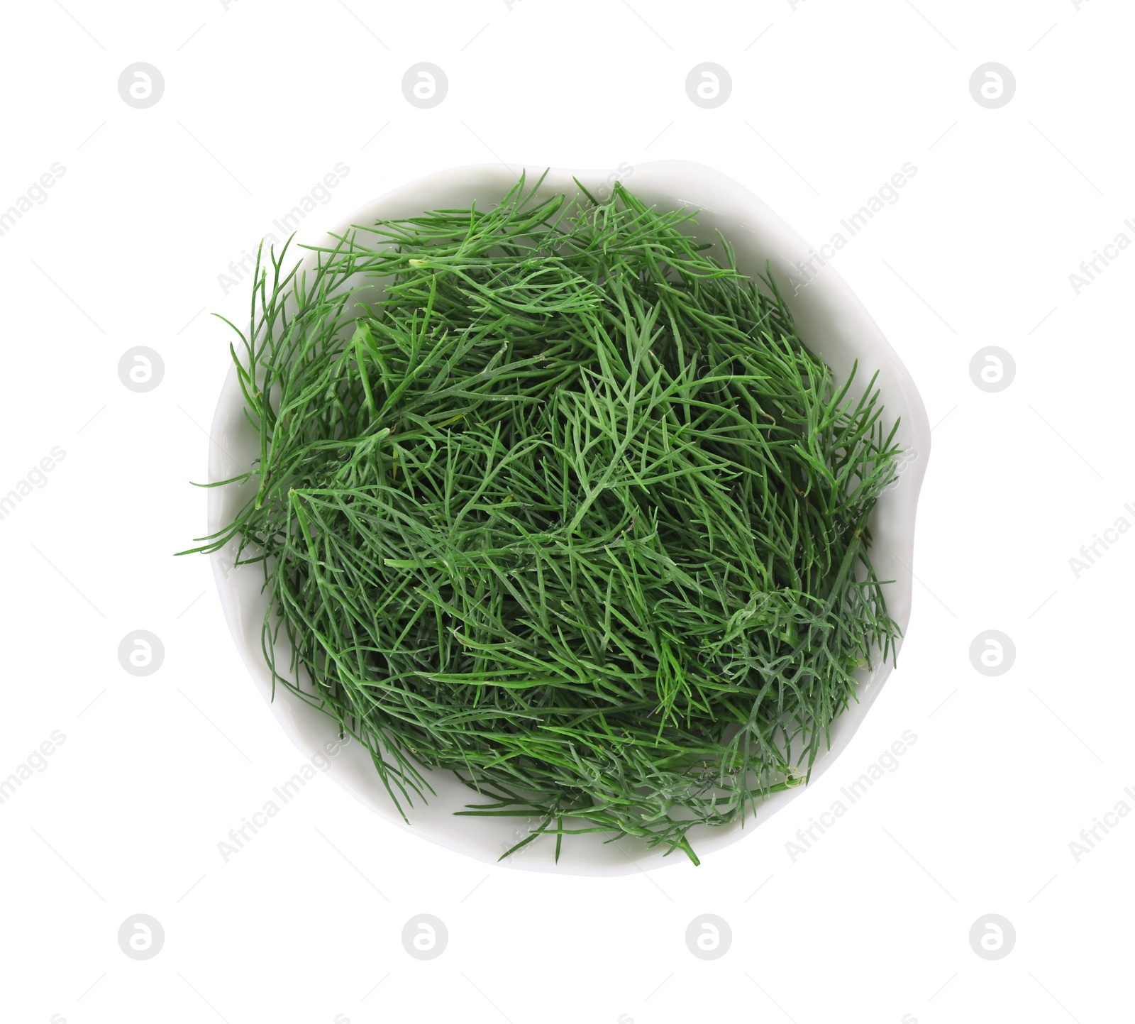 Photo of Bowl of fresh dill isolated on white, top view