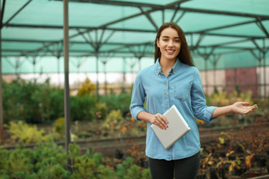 Female business owner with tablet showing her greenhouse. Space for text