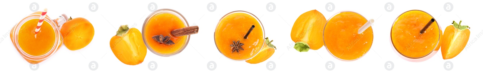 Image of Set with tasty persimmon smoothies on white background, top view. Banner design