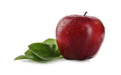 Photo of Fresh juicy red apple with leaves isolated on white