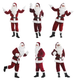 Collage with photos of Santa Claus on white background